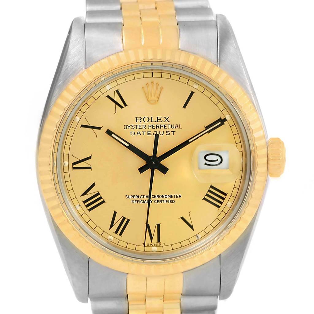 The image shows a frontal view of the Vintage Collection Rolex Datejust watch, highlighting its dial, bezel, and part of the bracelet.