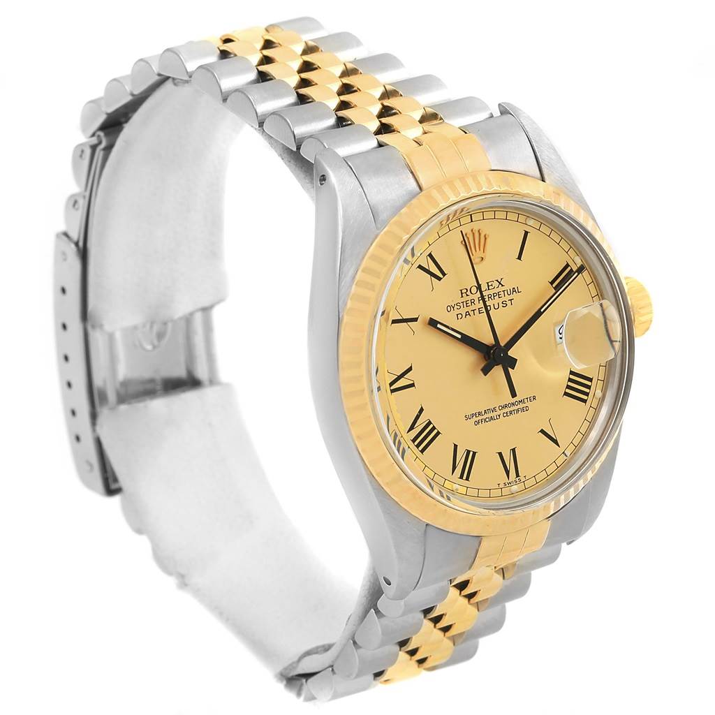 The Rolex Vintage Collection 16013 Men's Stainless Steel Champagne Dial 16013 Men's Stainless Steel Champagne Dial model features a two-tone bracelet and bezel, cream dial, and date display, shown at an angled side view.