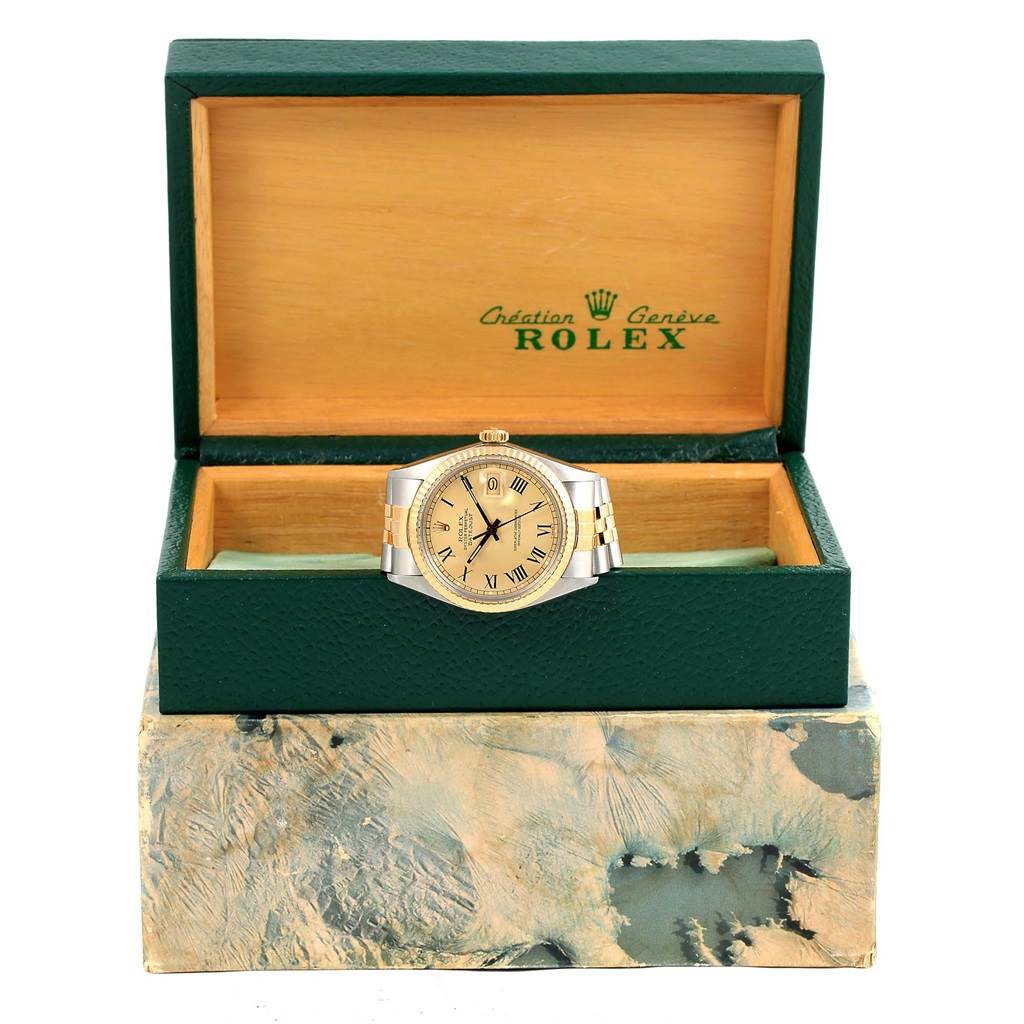 The image shows a Rolex Vintage Collection 16013 Men's Stainless Steel Champagne Dial 16013 Men's Stainless Steel Champagne Dial watch in its open box, viewed from the front.