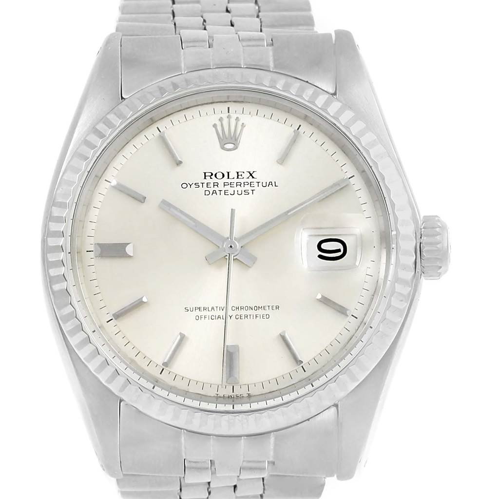 The image shows a front view of the face and partial bracelet of the Rolex Vintage Collection 1601 Men's Stainless Steel Silver Dial 1601 Men's Stainless Steel Silver Dial Oyster Perpetual Datejust watch.