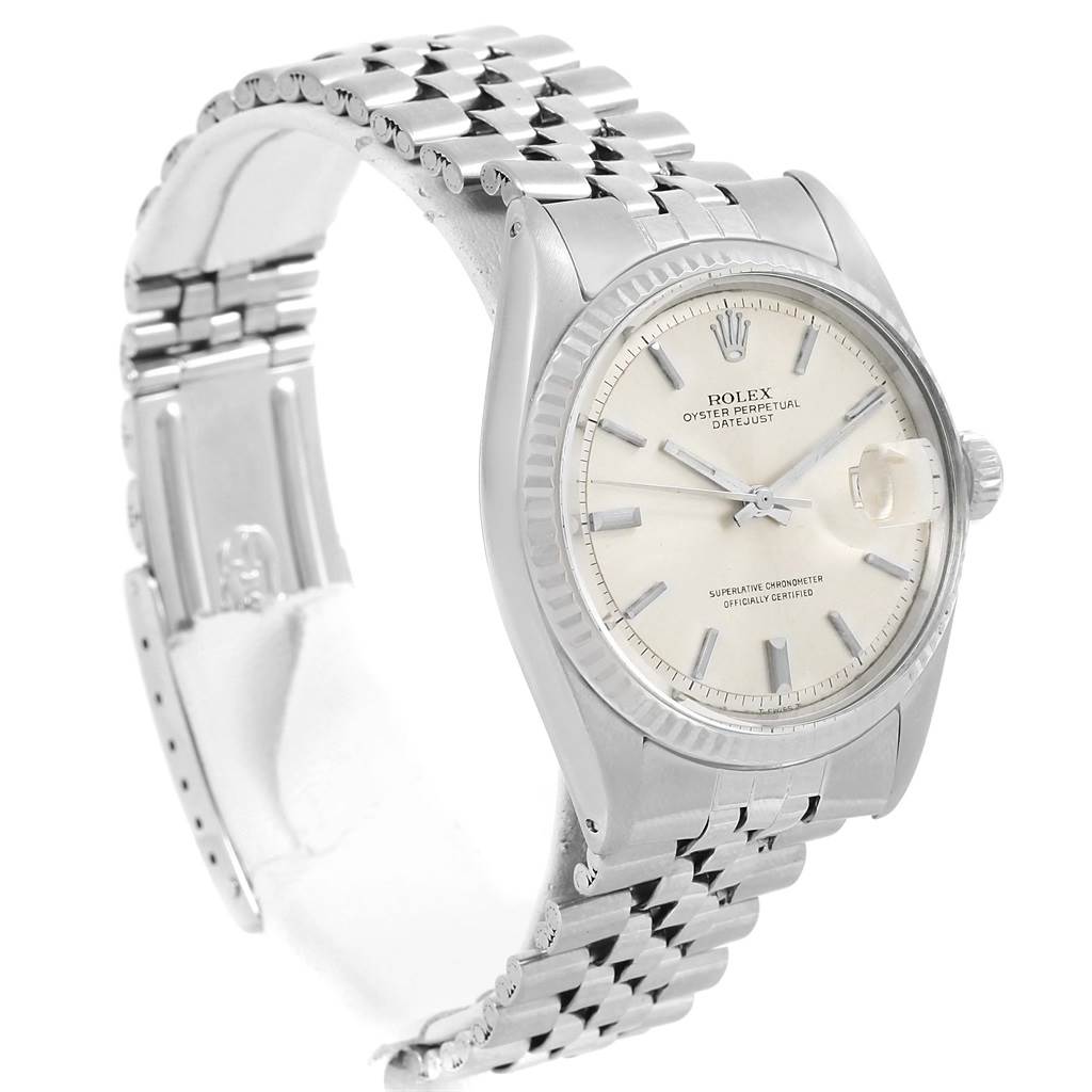 This image shows the front and side view of the Rolex Vintage Collection 1601 Men's Stainless Steel Silver Dial 1601 Men's Stainless Steel Silver Dial model, highlighting the watch face, bezel, crown, and bracelet.