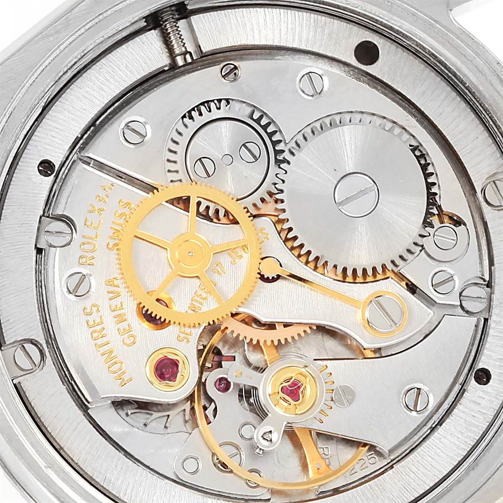 The image shows the intricate internal mechanism of a Vintage Collection Rolex watch, viewed from the back.