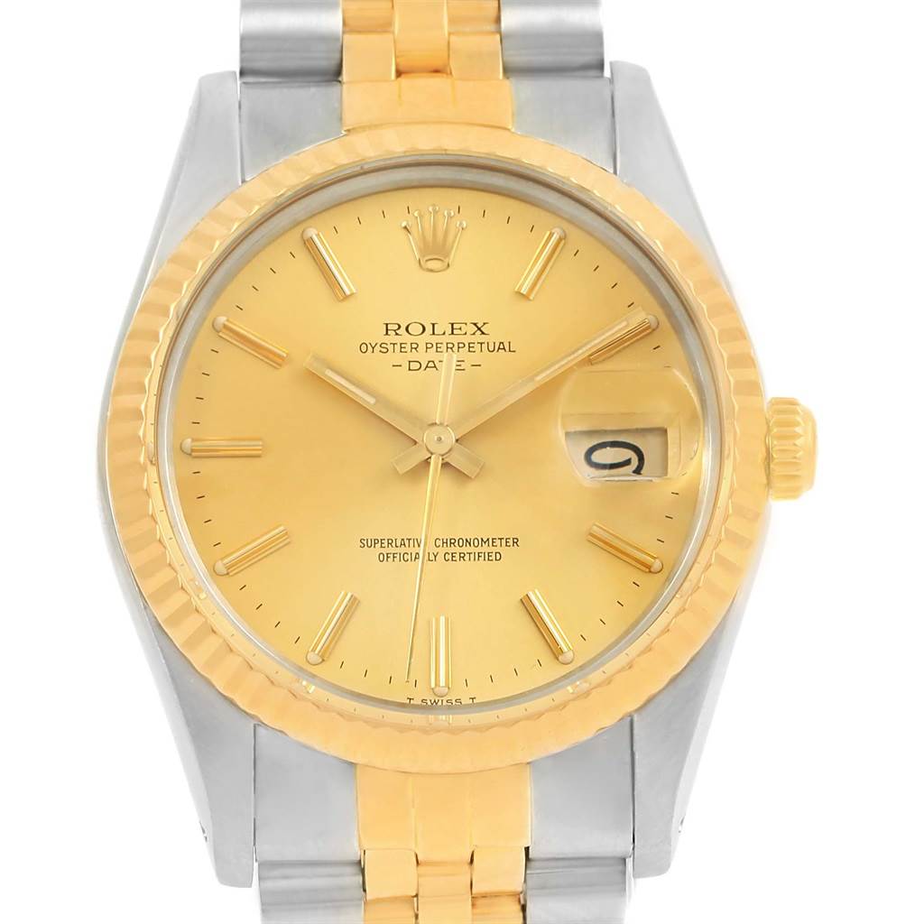 The image shows a front view of a Rolex Vintage Collection 15053 Men's Steel and Gold (two tone) Champagne Dial 15053 Men's Steel and Gold (two tone) Champagne Dial watch, highlighting the dial, hands, date, bezel, and part of the bracelet.