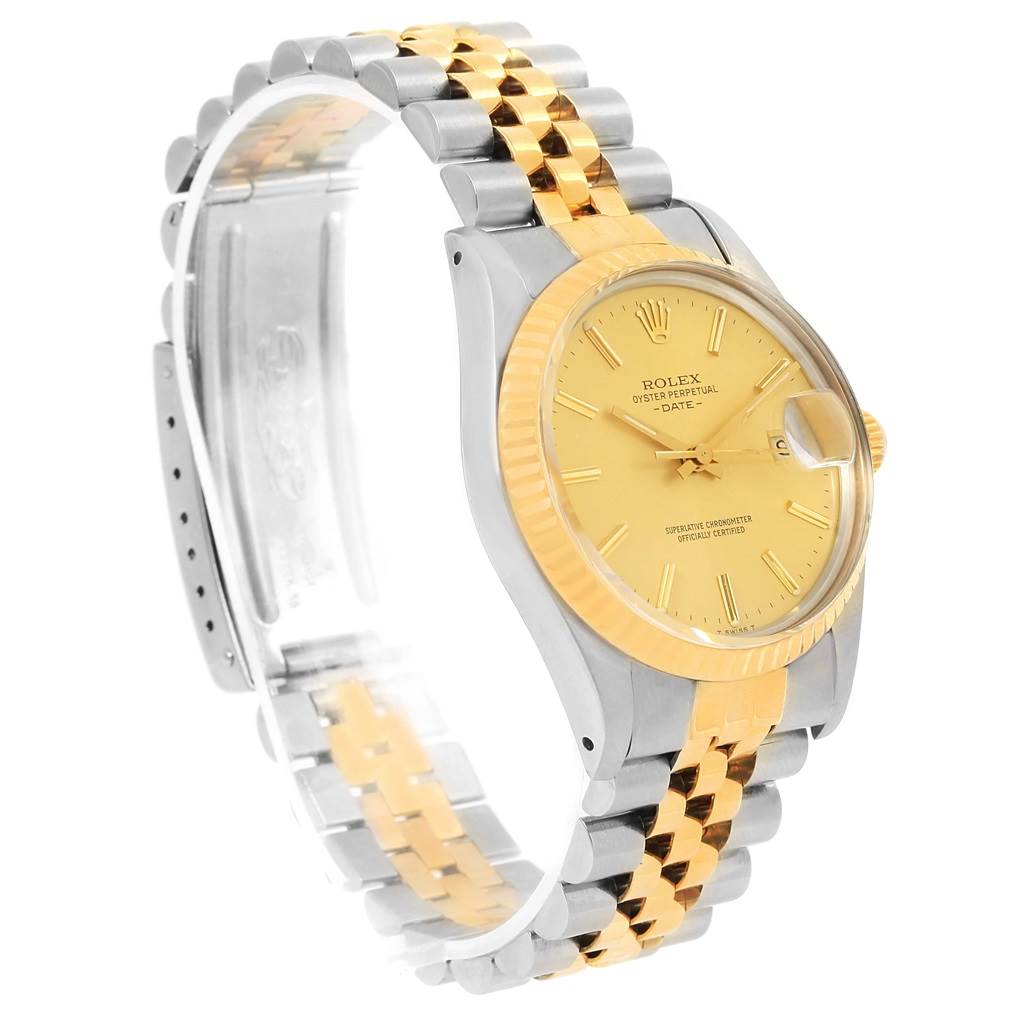The Rolex Vintage Collection 15053 Men's Steel and Gold (two tone) Champagne Dial 15053 Men's Steel and Gold (two tone) Champagne Dial model is shown at a three-quarter angle, highlighting the gold dial, fluted bezel, and two-tone bracelet.