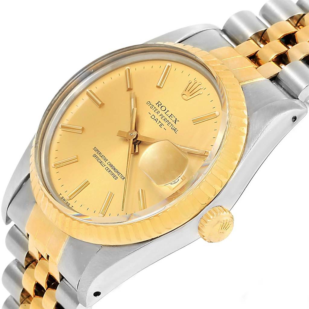 The Rolex Vintage Collection 15053 Men's Steel and Gold (two tone) Champagne Dial 15053 Men's Steel and Gold (two tone) Champagne Dial watch is shown at an angle highlighting the gold dial, bezel, crown, and two-tone bracelet.