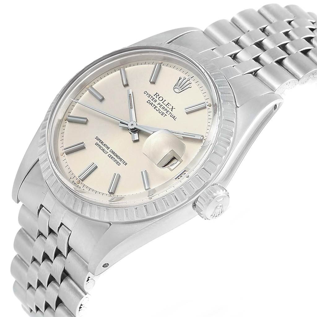 The Rolex Vintage Collection 1603 Men's Stainless Steel Silver Dial 1603 Men's Stainless Steel Silver Dial model watch is shown at a slightly tilted angle, displaying the dial, bracelet, and crown.