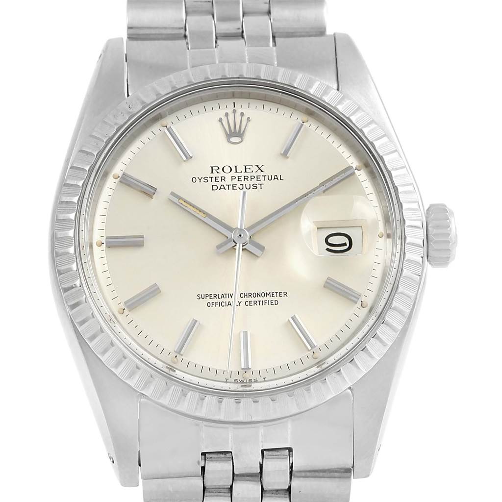 The image shows a front view of the Rolex Vintage Collection 1603 Men's Stainless Steel Silver Dial 1603 Men's Stainless Steel Silver Dial Oyster Perpetual Datejust watch, highlighting the dial and bezel.