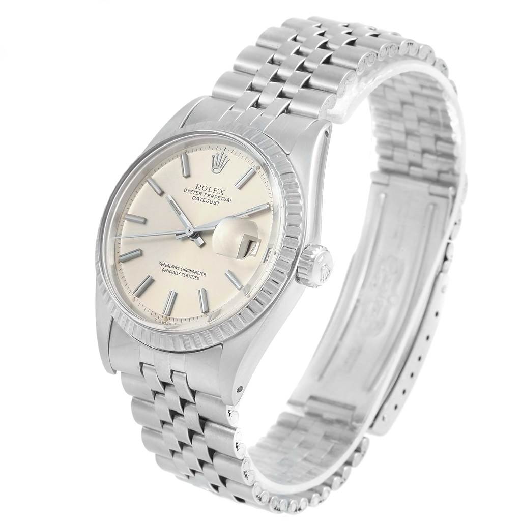 The Rolex Vintage Collection 1603 Men's Stainless Steel Silver Dial 1603 Men's Stainless Steel Silver Dial watch is shown at a three-quarter angle, displaying its face, bezel, crown, and partial bracelet.