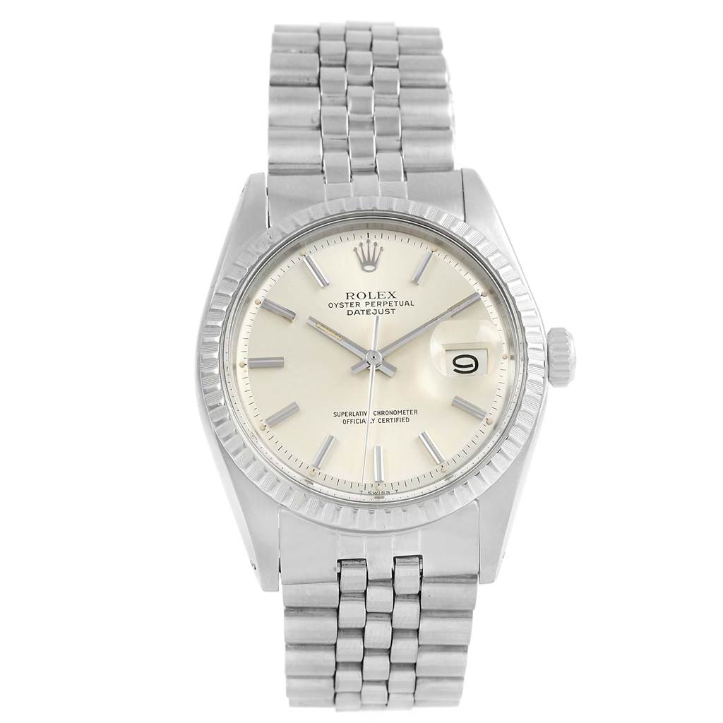 This image shows a front view of the Rolex Vintage Collection 1603 Men's Stainless Steel Silver Dial 1603 Men's Stainless Steel Silver Dial Oyster Perpetual Datejust watch, highlighting its face, bezel, and bracelet.