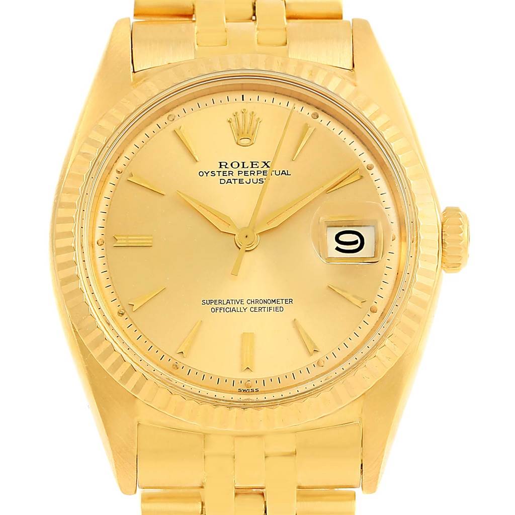 This is a close-up front view of the Rolex Vintage Collection 1601 Men's Yellow Gold Champagne Dial 1601 Men's Yellow Gold Champagne Dial Oyster Perpetual Datejust, showing the dial, hands, and part of the bracelet.