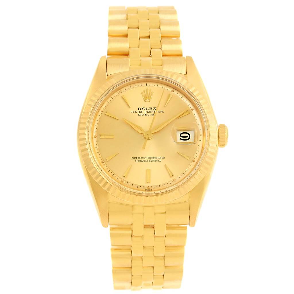 The image shows a front view of a Rolex Vintage Collection 1601 Men's Yellow Gold Champagne Dial 1601 Men's Yellow Gold Champagne Dial Oyster Perpetual Datejust watch, displaying its face and metal bracelet.