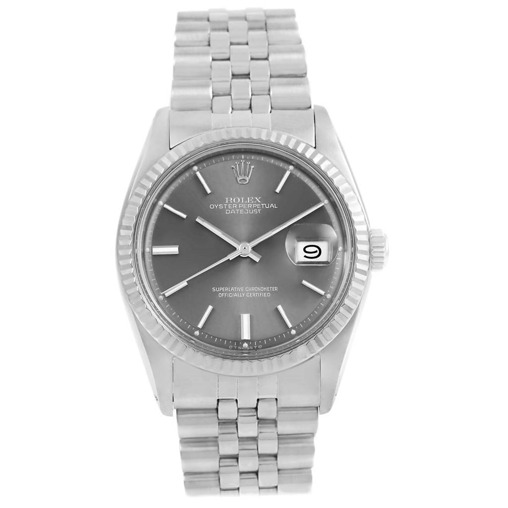 The Rolex Vintage Collection 1601 Men's Stainless Steel Grey Dial 1601 Men's Stainless Steel Grey Dial watch is shown from a straight-on angle, displaying the face, dial, and bracelet.