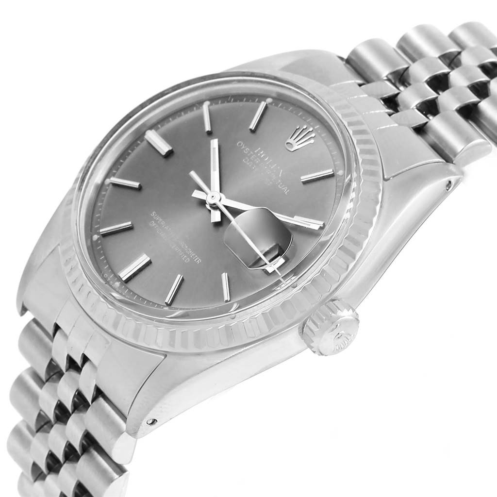 The image shows a close-up angled view of the Rolex Vintage Collection 1601 Men's Stainless Steel Grey Dial 1601 Men's Stainless Steel Grey Dial watch, highlighting its dial, hands, crown, and partial bracelet.