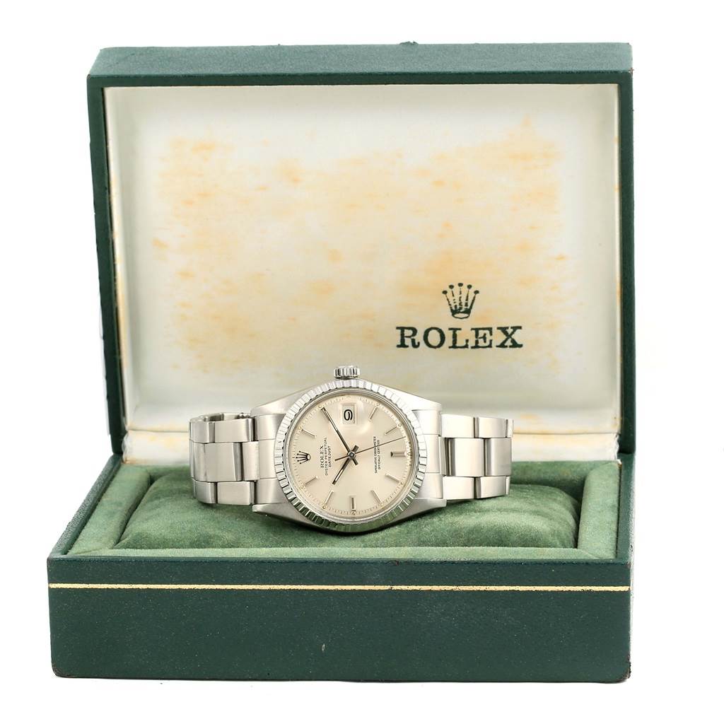 This image shows a front view of a Rolex Vintage Collection 1603 Men's Stainless Steel Silver Dial 1603 Men's Stainless Steel Silver Dial watch, placed in an open green Rolex box.