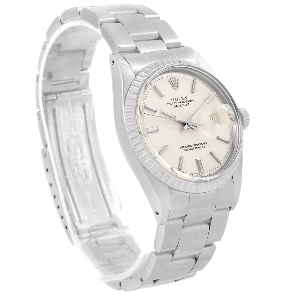 The image shows a Rolex Vintage Collection 1603 Men's Stainless Steel Silver Dial 1603 Men's Stainless Steel Silver Dial Oyster Perpetual Datejust watch at a three-quarter angle, highlighting the dial, bezel, and bracelet.
