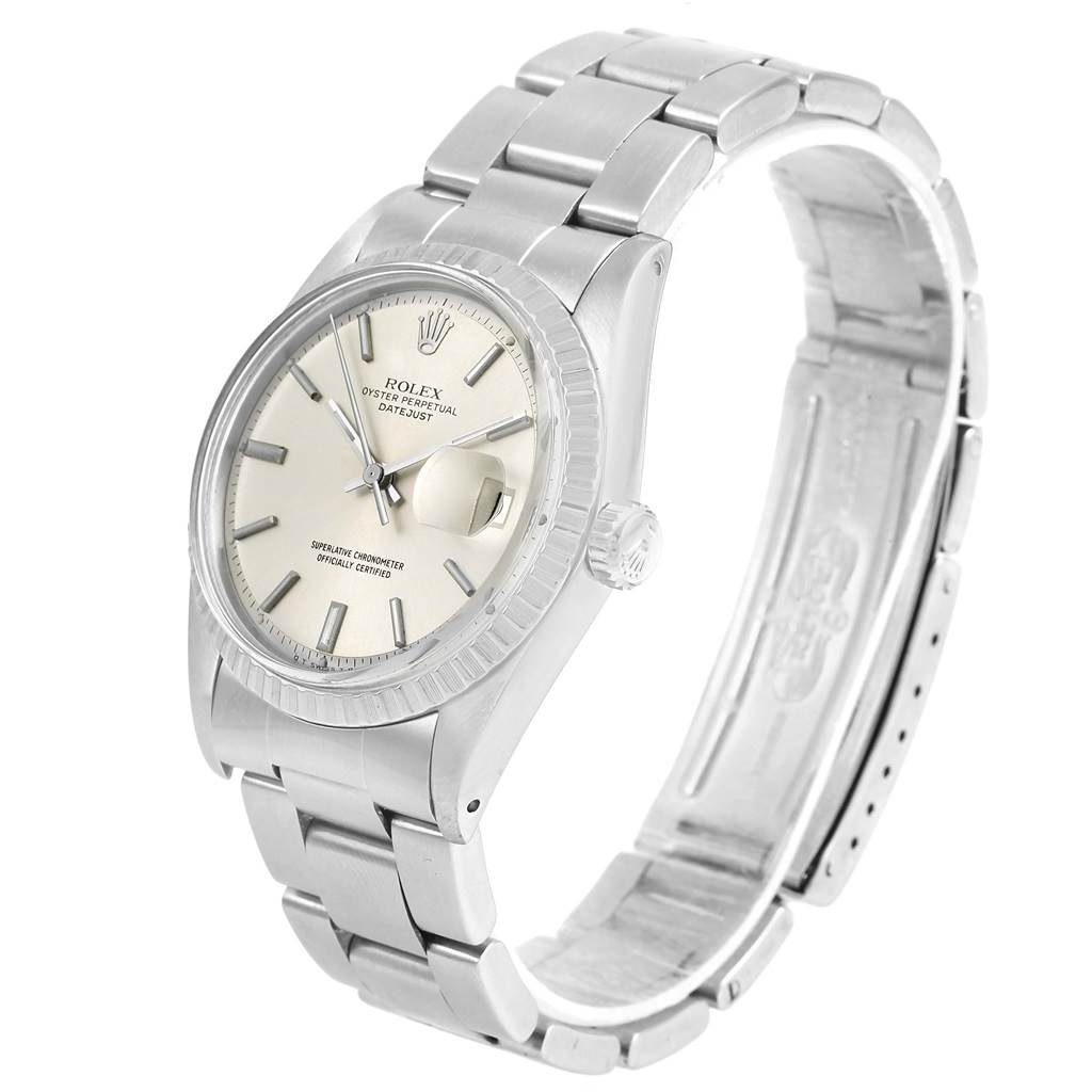 The image shows a Rolex Vintage Collection 1603 Men's Stainless Steel Silver Dial 1603 Men's Stainless Steel Silver Dial Datejust watch, angled to display the face, bezel, crown, and bracelet.