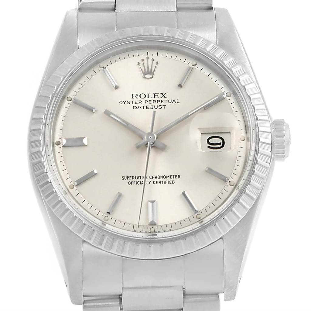 The image shows the front view of a Rolex Vintage Collection 1603 Men's Stainless Steel Silver Dial 1603 Men's Stainless Steel Silver Dial Datejust watch, highlighting its face, dial, and part of the bracelet.