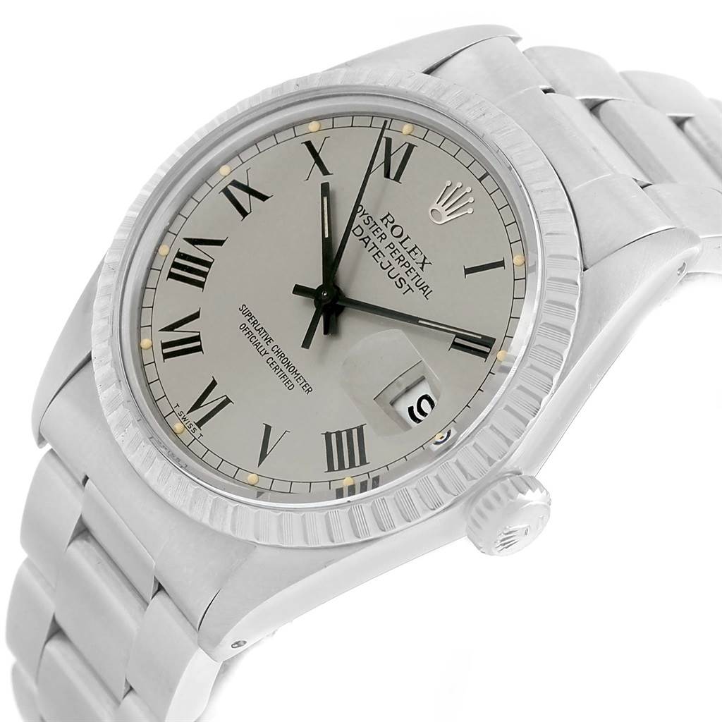 The image shows a close-up, angled view of the Rolex Vintage Collection 16030 Men's Stainless Steel Grey Dial 16030 Men's Stainless Steel Grey Dial watch, highlighting the dial, bezel, and bracelet.