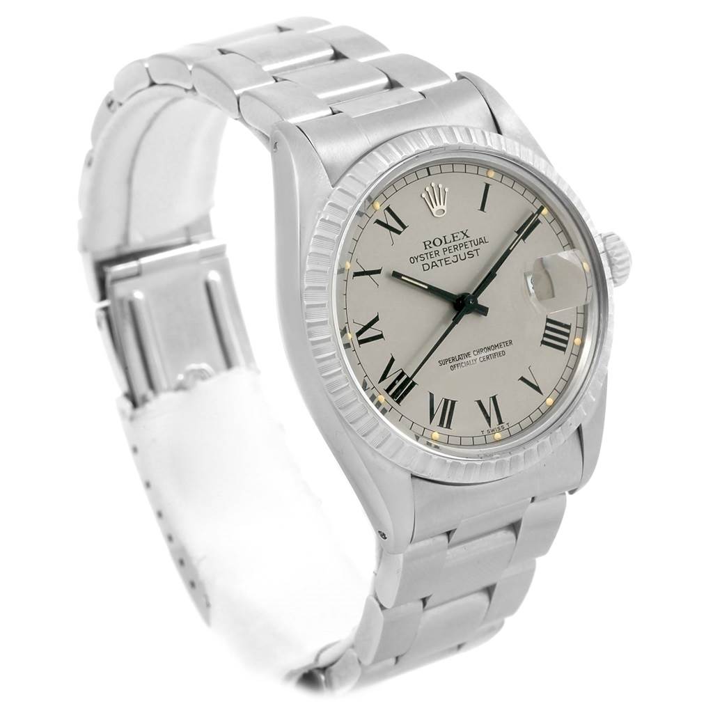 This image shows a Rolex Vintage Collection 16030 Men's Stainless Steel Grey Dial 16030 Men's Stainless Steel Grey Dial Datejust watch at a three-quarter angle, highlighting its face, bracelet, and clasp.