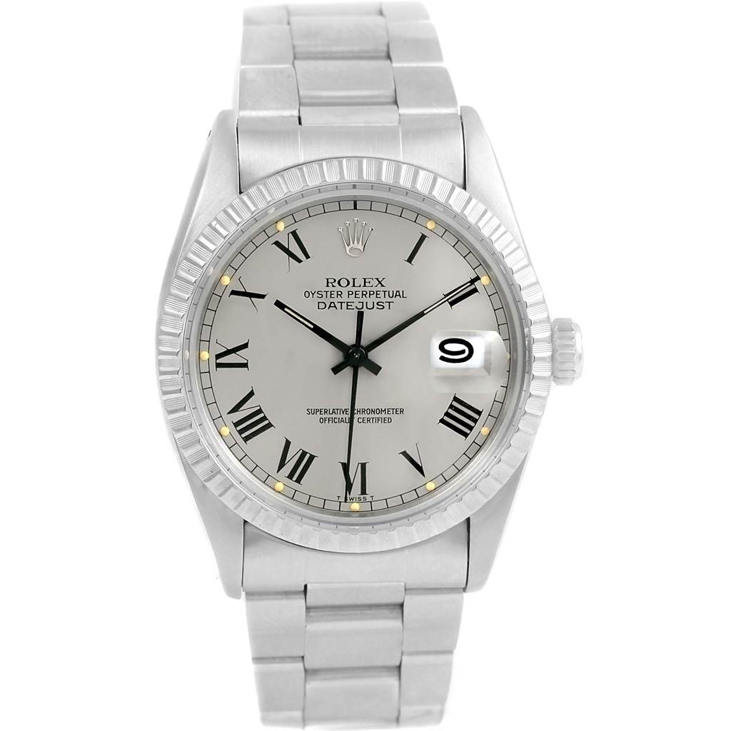 This image shows the front view of a Rolex Vintage Collection 16030 Men's Stainless Steel Grey Dial 16030 Men's Stainless Steel Grey Dial Oyster Perpetual Datejust watch, displaying its bracelet, dial, and bezel.