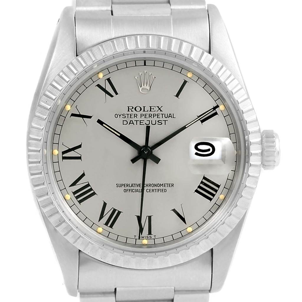 This image shows a frontal view of the Rolex Vintage Collection 16030 Men's Stainless Steel Grey Dial 16030 Men's Stainless Steel Grey Dial Datejust watch, highlighting its dial, bezel, and bracelet.