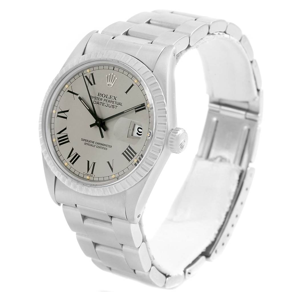 The image shows a three-quarter view of a Rolex Vintage Collection 16030 Men's Stainless Steel Grey Dial 16030 Men's Stainless Steel Grey Dial watch, featuring the dial, bezel, crown, and bracelet.