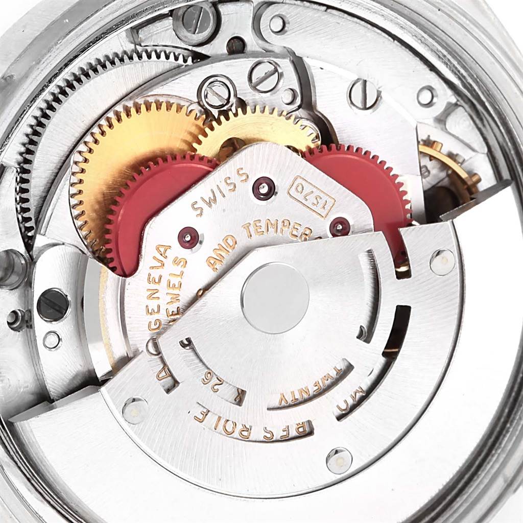 The image shows the inner mechanical movement of a Rolex Vintage Collection 1601 Men's Steel and Gold (two tone) Blue Dial 1601 Men's Steel and Gold (two tone) Blue Dial watch at a close-up angle.