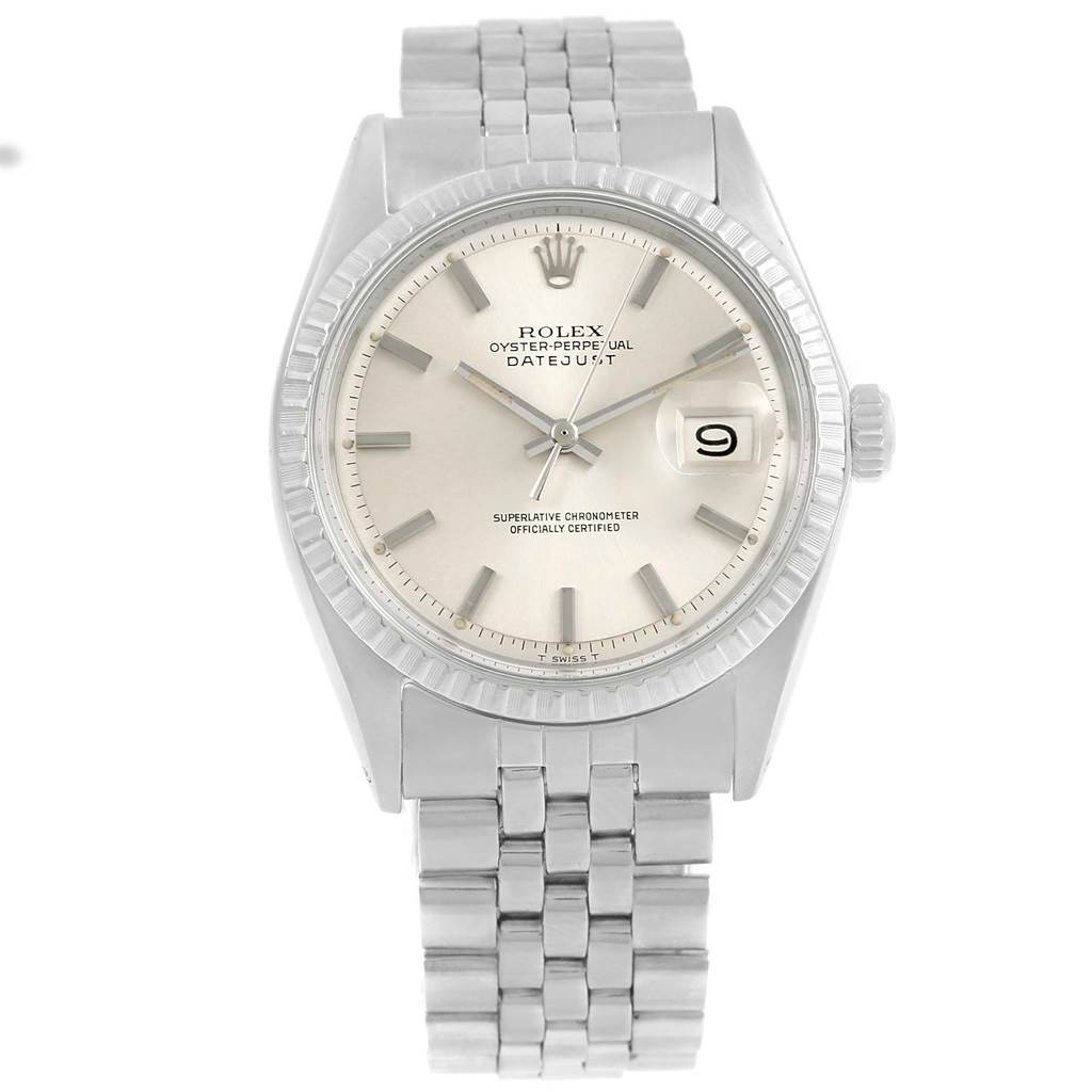 This Rolex Vintage Collection 1603 Men's Stainless Steel Silver Dial 1603 Men's Stainless Steel Silver Dial model is shown from a top-down angle, displaying the dial, hands, date window, and bracelet.