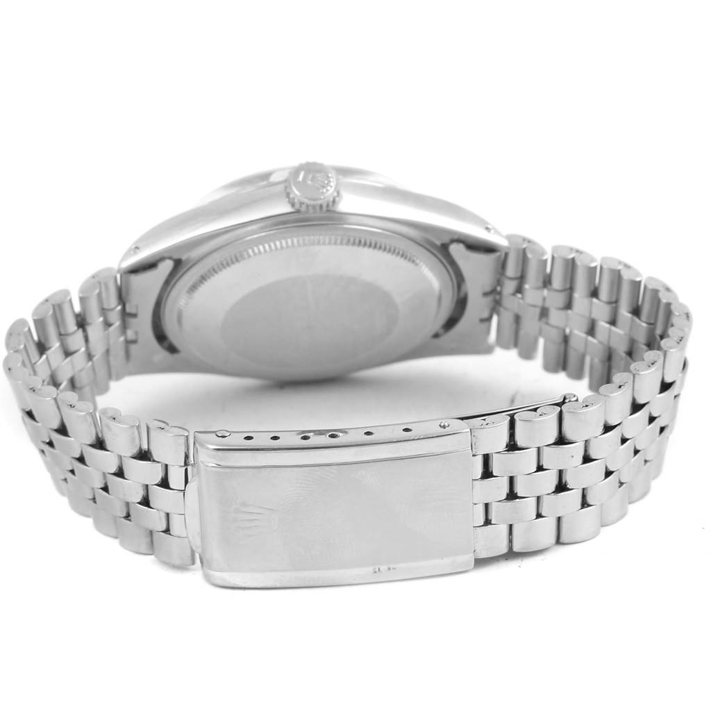 This image shows the back view of the Rolex Vintage Collection 1603 Men's Stainless Steel Silver Dial 1603 Men's Stainless Steel Silver Dial watch, focusing on the caseback and metal bracelet with clasp.