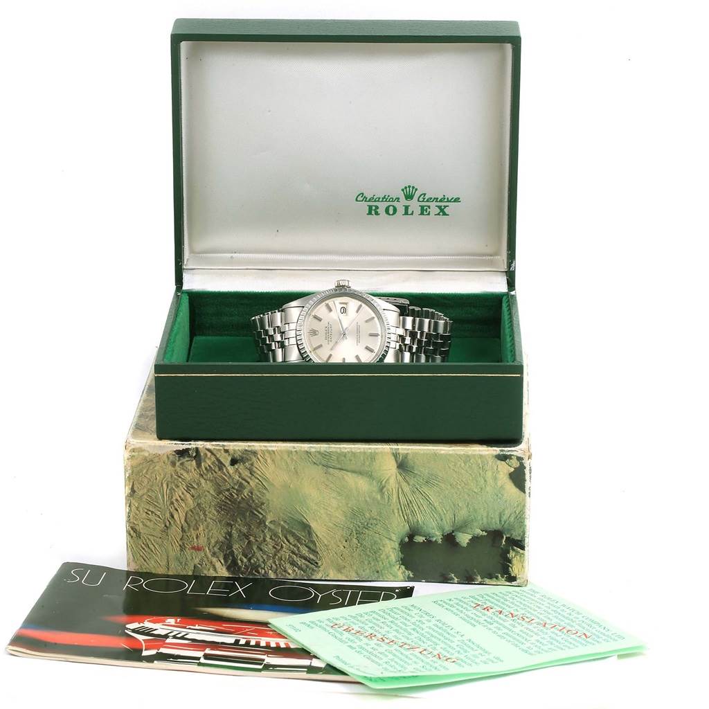 The Rolex Vintage Collection 1603 Men's Stainless Steel Silver Dial 1603 Men's Stainless Steel Silver Dial watch is displayed in an open Rolex box with accompanying booklets.
