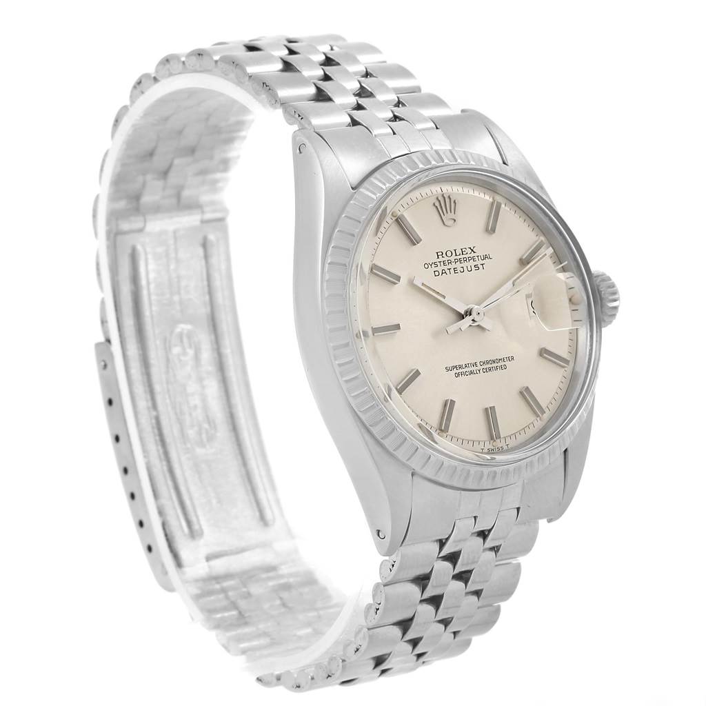 The watch is a Rolex Vintage Collection 1603 Men's Stainless Steel Silver Dial 1603 Men's Stainless Steel Silver Dial model shown at a slight side angle, highlighting the dial, bezel, and bracelet.