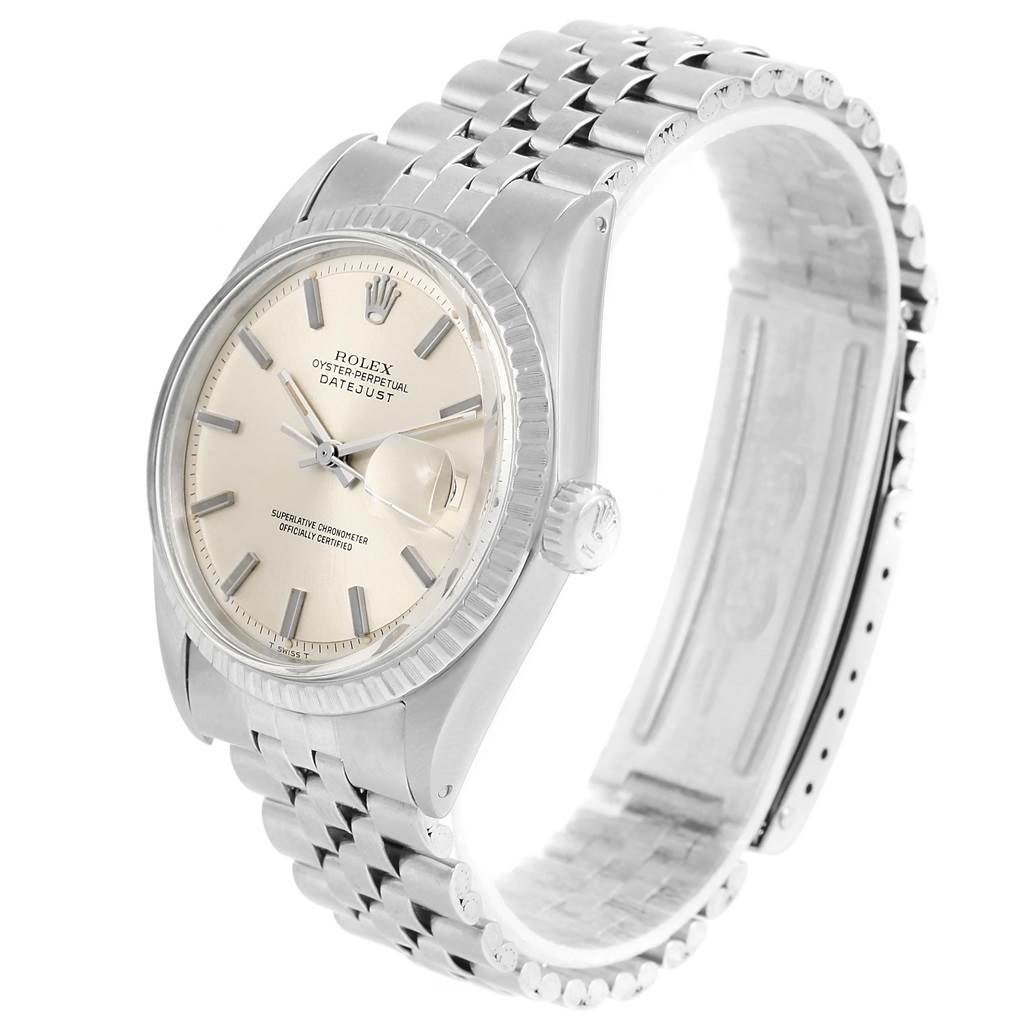 The image shows a Rolex Vintage Collection 1603 Men's Stainless Steel Silver Dial 1603 Men's Stainless Steel Silver Dial Datejust watch angled slightly from the front, highlighting the face, bezel, and bracelet.