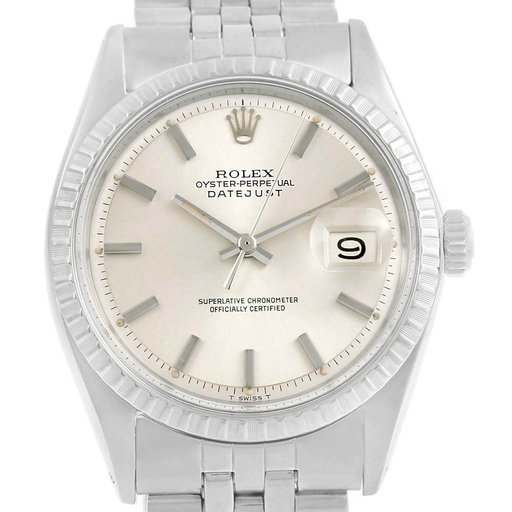 The image shows a front view of a Rolex Vintage Collection 1603 Men's Stainless Steel Silver Dial 1603 Men's Stainless Steel Silver Dial Datejust watch, featuring the dial, bezel, and part of the bracelet.