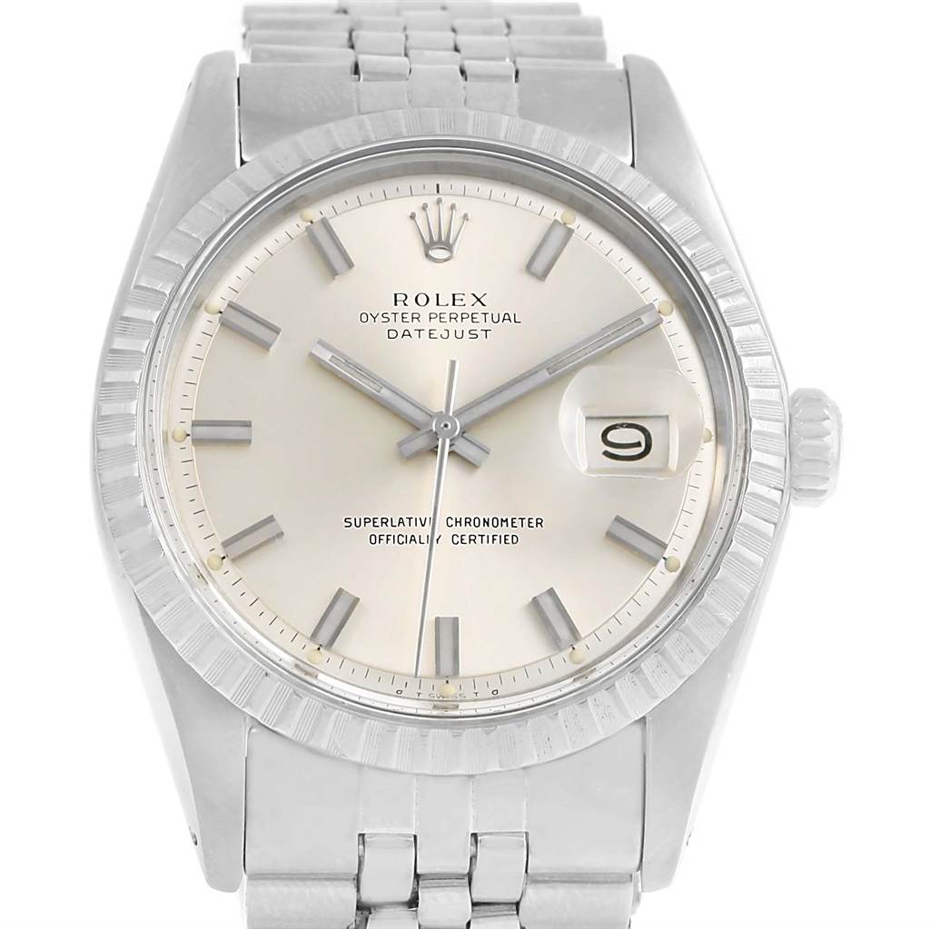 The image shows a front view of the Rolex Vintage Collection 1603 Men's Stainless Steel Silver Dial 1603 Men's Stainless Steel Silver Dial Oyster Perpetual Datejust, displaying the dial, hands, date window, and bracelet.