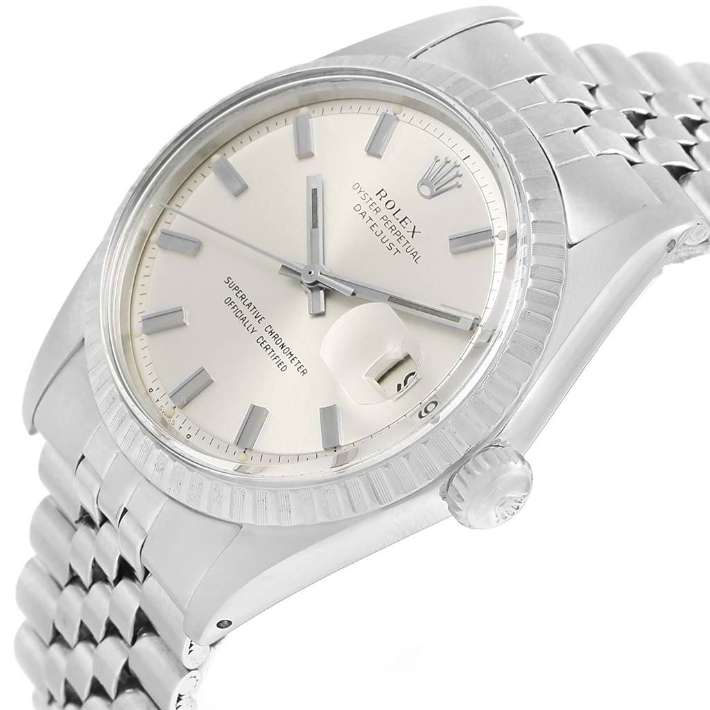 The Rolex Vintage Collection 1603 Men's Stainless Steel Silver Dial 1603 Men's Stainless Steel Silver Dial watch is shown from an angled side-view, highlighting the dial, bezel, and partial bracelet.