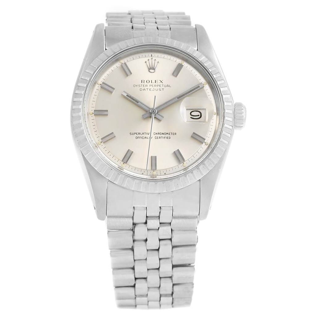 This image shows a Rolex Vintage Collection 1603 Men's Stainless Steel Silver Dial 1603 Men's Stainless Steel Silver Dial Datejust watch, viewed from the front, displaying the dial, fluted bezel, and metal bracelet.