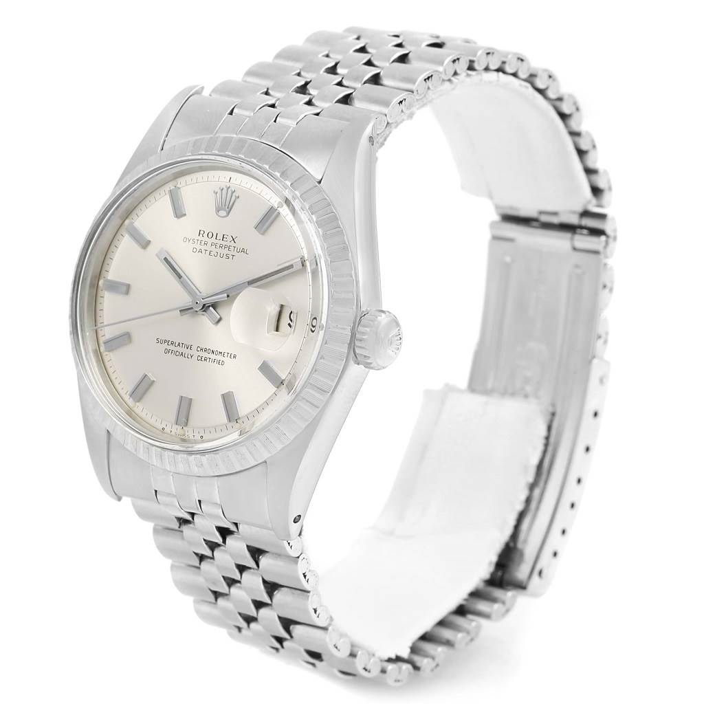 The Rolex Vintage Collection 1603 Men's Stainless Steel Silver Dial 1603 Men's Stainless Steel Silver Dial watch is shown at a three-quarter angle, highlighting its face, crown, strap, and clasp.