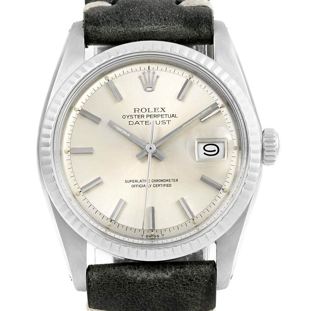 The image shows a front view of the Rolex Vintage Collection 1601 Men's Stainless Steel Silver Dial 1601 Men's Stainless Steel Silver Dial Oyster Perpetual Datejust, displaying its face, crown, and strap.