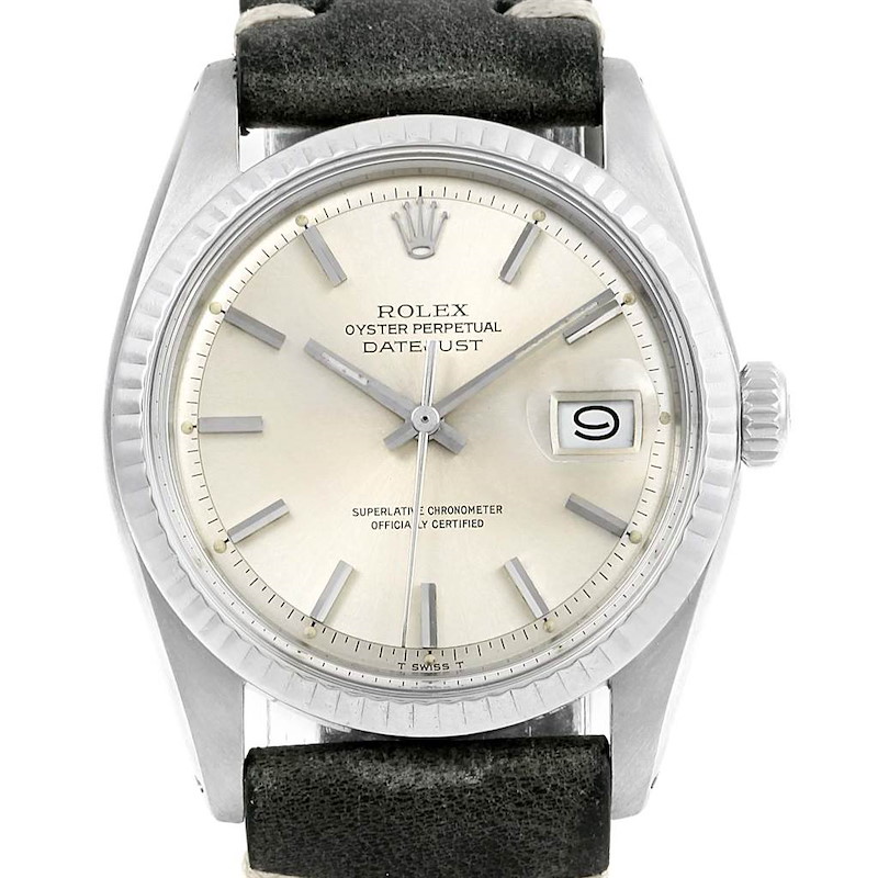 Rolex Datejust Silver Dial Grey Strap Vintage Steel Mens Watch 1601 SwissWatchExpo