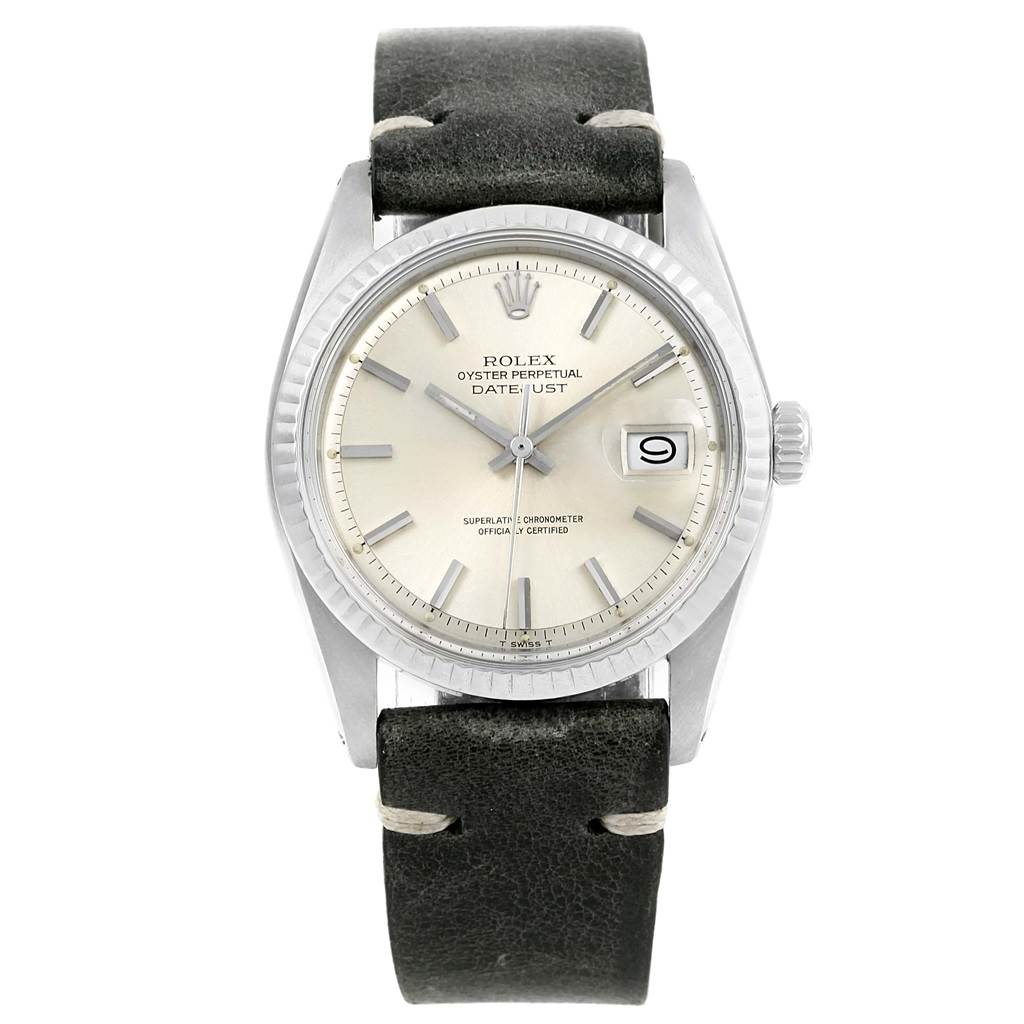 The image shows a Rolex Vintage Collection 1601 Men's Stainless Steel Silver Dial 1601 Men's Stainless Steel Silver Dial Oyster Perpetual Datejust watch from a front angle with a leather strap and silver dial.