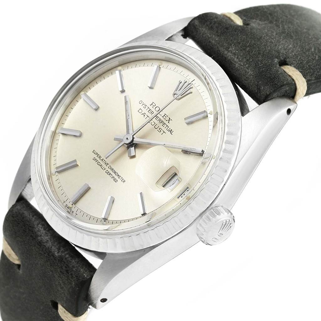 The Rolex Vintage Collection 1601 Men's Stainless Steel Silver Dial 1601 Men's Stainless Steel Silver Dial watch is shown at an angled close-up, highlighting the dial, bezel, crown, and part of the strap.