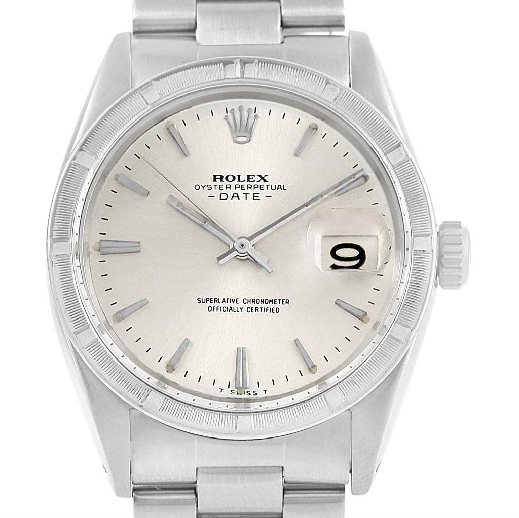 This is a frontal view of the Rolex Vintage Collection 1501 Men's Stainless Steel Silver Dial 1501 Men's Stainless Steel Silver Dial Oyster Perpetual Date watch, showcasing the dial, hands, date window, and bracelet.