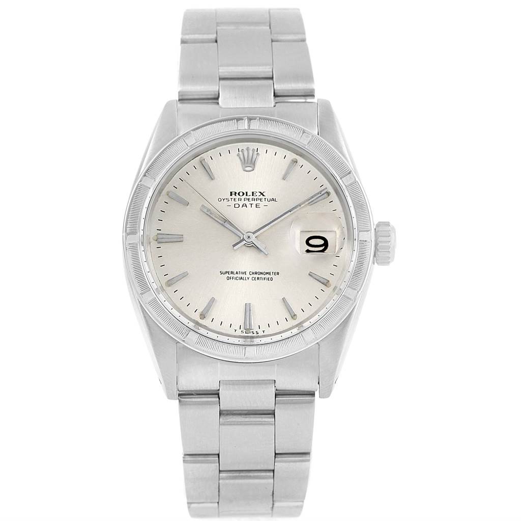This image shows a Rolex Vintage Collection 1501 Men's Stainless Steel Silver Dial 1501 Men's Stainless Steel Silver Dial watch, featuring the face, bezel, crown, and bracelet from a front angle.