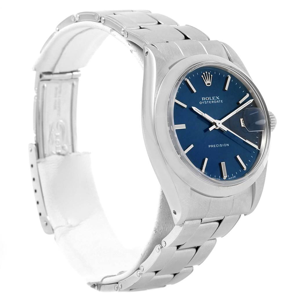 The Rolex Vintage Collection 6694 Men's Stainless Steel Blue Dial 6694 Men's Stainless Steel Blue Dial watch is shown from a side angle displaying the face, bezel, bracelet, and clasp.