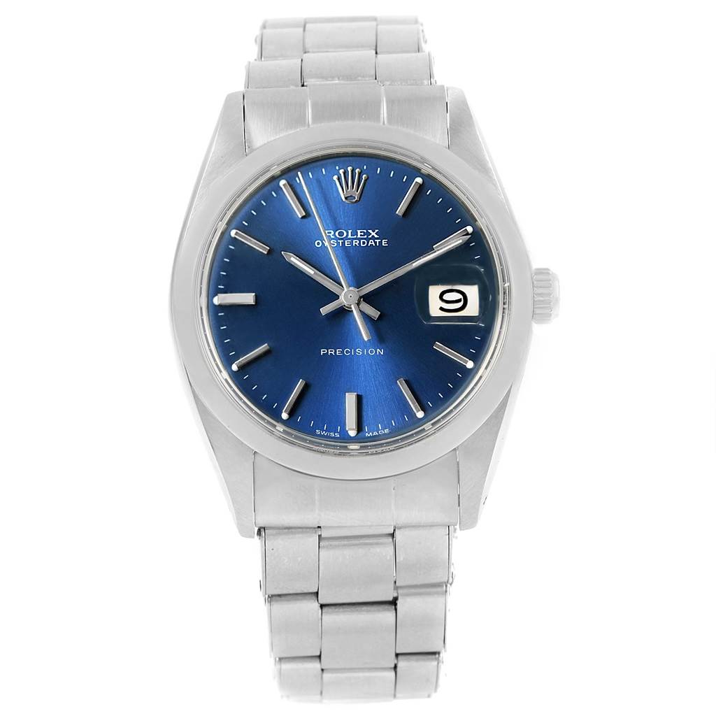 The image shows a Rolex Vintage Collection 6694 Men's Stainless Steel Blue Dial 6694 Men's Stainless Steel Blue Dial watch from the front, highlighting its blue dial and metal bracelet.