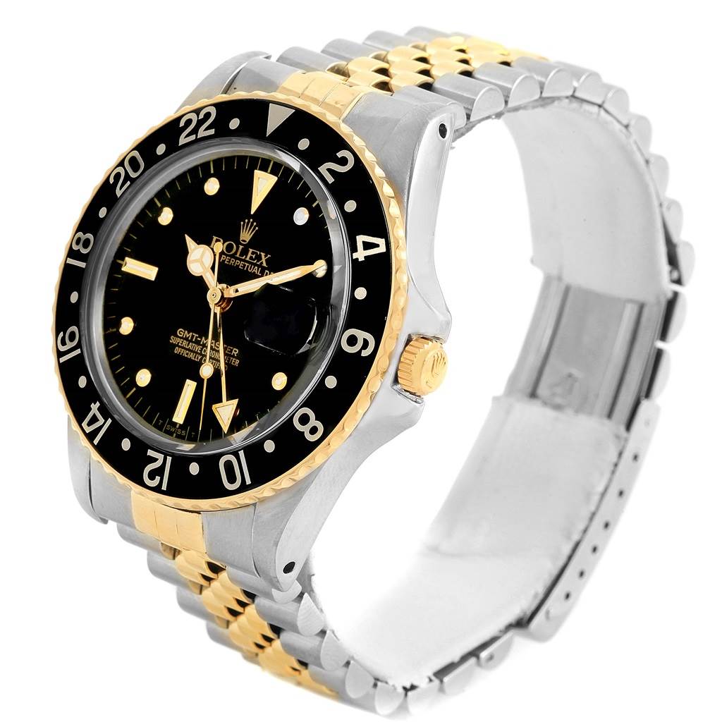 The Rolex Vintage Collection 16753 Men's Stainless Steel Black Dial 16753 Men's Stainless Steel Black Dial watch is shown at an angled side view, displaying the bezel, crown, dial, and two-tone jubilee bracelet.