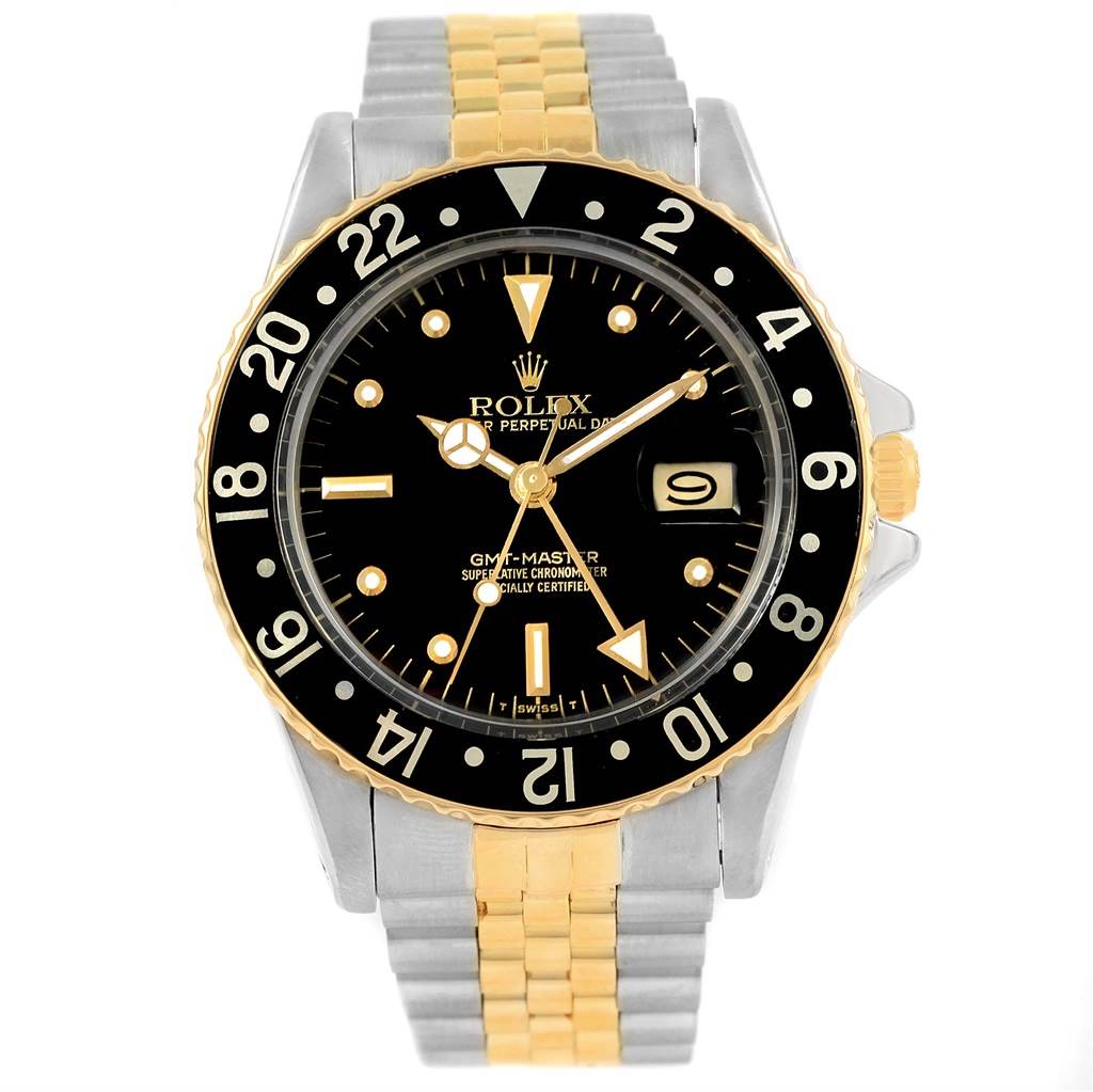 The image shows a front view of the Rolex Vintage Collection 16753 Men's Stainless Steel Black Dial 16753 Men's Stainless Steel Black Dial GMT-Master watch, highlighting the dial, bezel, and two-tone bracelet.