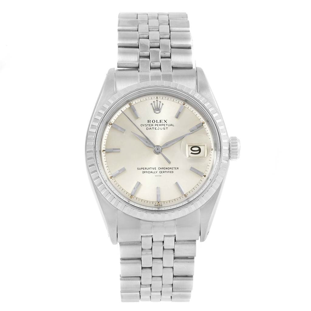 This image shows a front view of a Vintage Collection Rolex Datejust watch, displaying its face, bezel, crown, and bracelet.