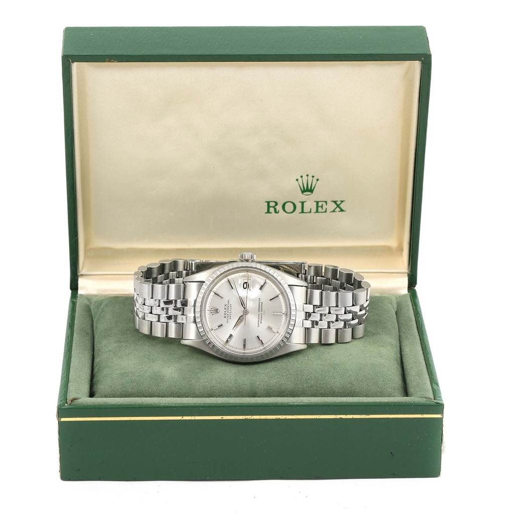 The Rolex Vintage Collection 1603 Men's Stainless Steel Silver Dial 1603 Men's Stainless Steel Silver Dial model is shown from the front, placed inside its open green box.