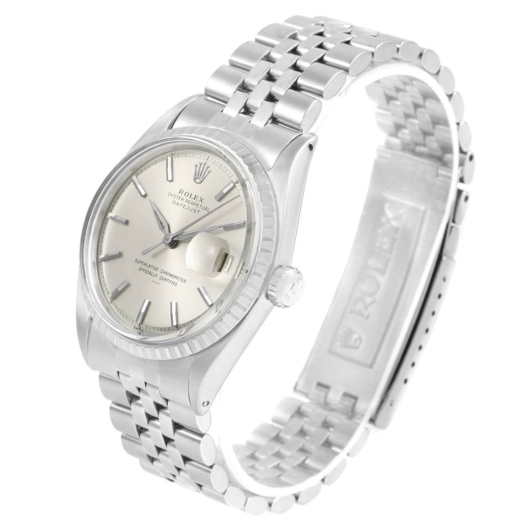 This image shows a Rolex Vintage Collection 1603 Men's Stainless Steel Silver Dial 1603 Men's Stainless Steel Silver Dial model watch at an angle displaying the face, crown, and stainless steel bracelet.